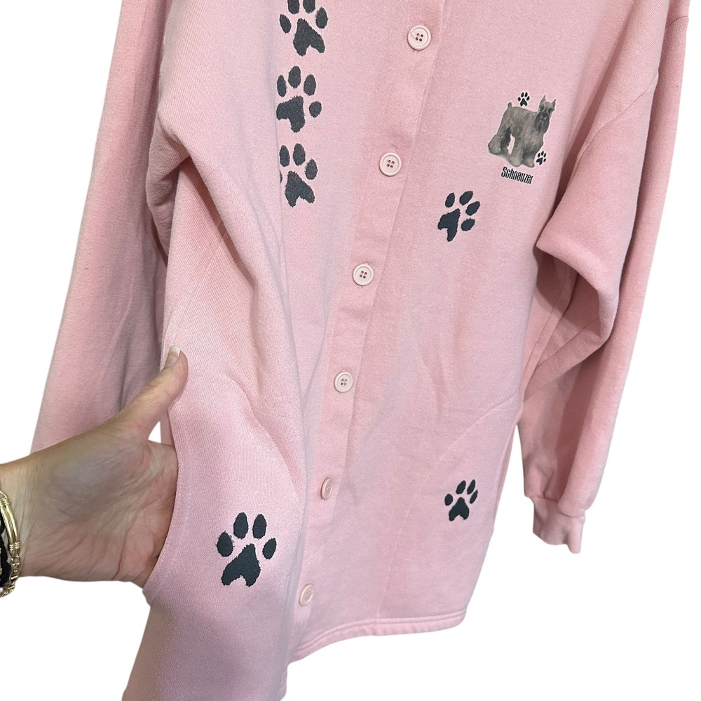 Pleasant Shade Pink Schnauzer Paw Print Button Up Cardigan Sweatshirt Women's XL - Picture 2 of 7